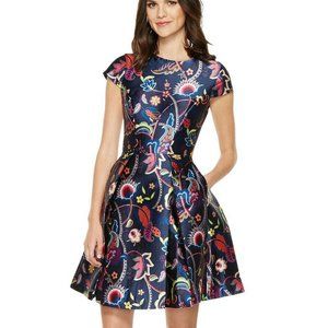 TED BAKER Fluxam Folk Foliage navy floral fit & flare skater dress party  4 NEW